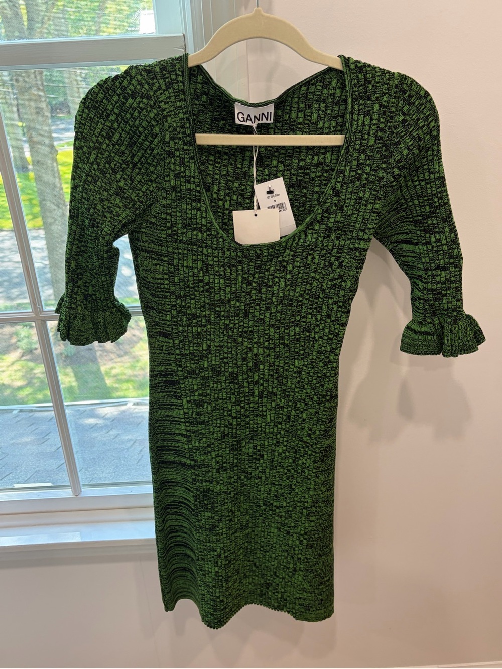 Ganni Green Ribbed Scoop-Neck Midi Dress
